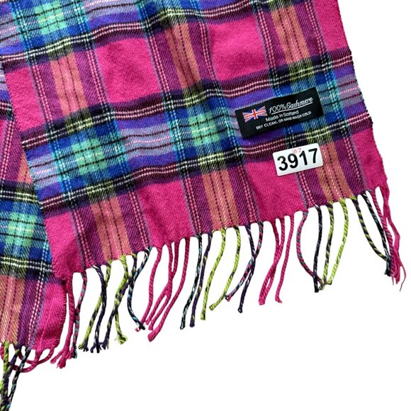 Women's Hand Tailored German Cashmere Plaid Scarf Pink Green Fringe Hem - Picture 2 of 4